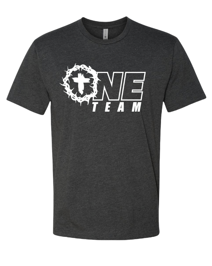 A dark charcoal gray t-shirt with the white AO1 Foundation ONE TEAM logo, which features a cross inside a crown of thorns.
